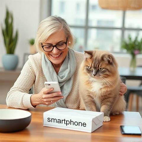 Une dame essaie son nouveau smartphone avec son chat